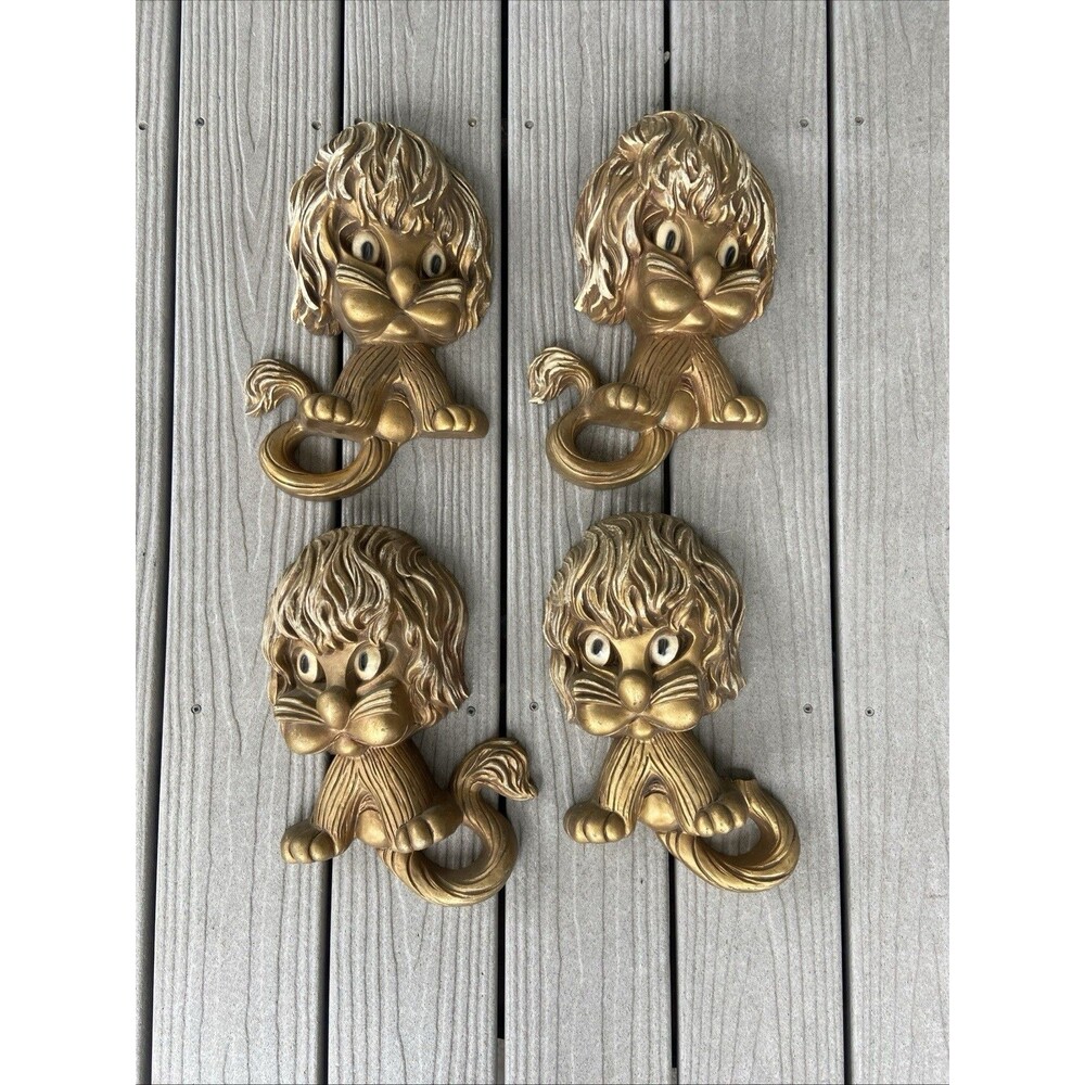 Vintage Gold Lion 3D Sculptural Wall Plaques Set 1970s Homco Hollywood Renaissan